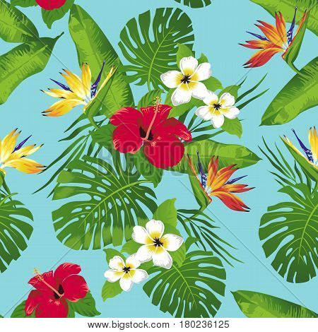 Tropical flowers and leaves on turquoise background. Seamless. Vector.