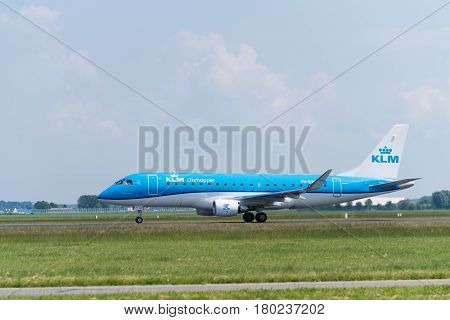 SCHIPHOL NETHERLANDS - JUNE 4 2016: KLM airplane takes off at amsterdam international airport. There are 163 destinations served by KLM