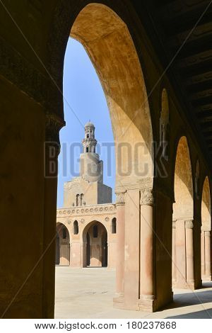 Ibn Tulun Mosque in Cairo, Egypt.  The Mosque is the oldest Mosque in the city and the mosque's original inscription slab identifies the date of completion as 265 AH or 879 AD.