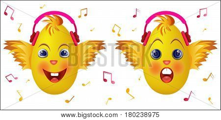 Cute chick emoticons with black headphones. Chick emoticon listen music. Vector illustration.