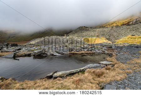 Mist and fog descends on Cwmorthin Salte Quarry in North Wales