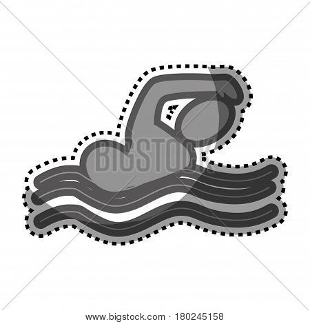 grayscale sticker with pictogram of man swimming vector illustration