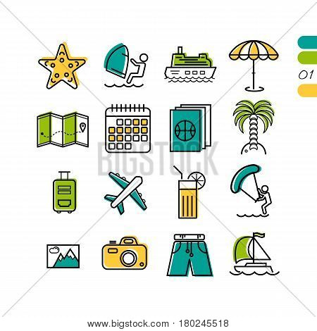 Vector set summer vacation linear colored icons. Beach and trip planning icons - calendar, passport, map, plane, water activities and types of transport