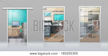 Office workplace through glossy glass door view flat vector. Entrance to the cabinet with table, computer on it and chair. Set of modern office interior design illustrations for business concepts