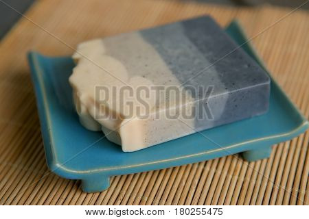 Natural handmade soap. Bar of soap in soapbox.