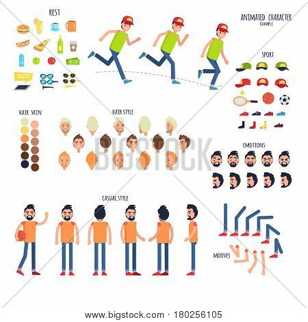 Animated character set human body parts and rest things. Vector poster of moving boy signs, sport equipment, colored hairstyles, bent arms and legs, emotions on faces and man in casual clothes