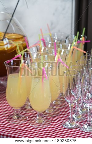 Fresh juice on a table in a restaurant. Healthy drinks.