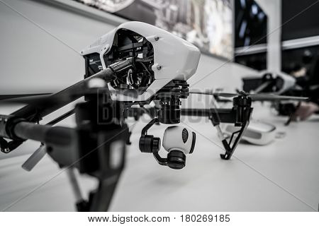 MOSCOW RUSSIA:01 APR 2017 - DJI Quadcopter Drone store opening ceremony in Moscow. DJI is the leading company in the civilian-drone industry. It manufactures also gimbals, cameras, camera stabilizers.
