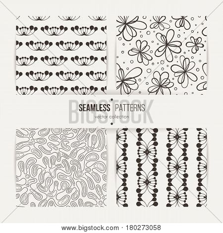 Set of samless doodle floral and art deco patterns. Blotted surface