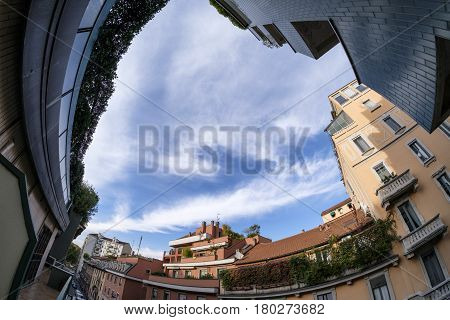 Milan (Lombardy Italy): residential buildings in via Piero della Francesca. Fisheye
