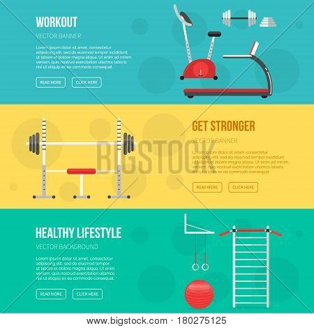 Fitness training and gym club banners set. Fitness class equipment. Gym Sport background. Healthy lifestyle concept. Sport inventory.