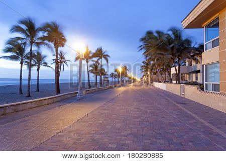 Hollywood beach broadwalk promenade at dawn. Florida United States