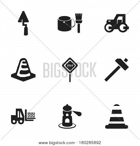 Set Of 9 Editable Construction Icons. Includes Symbols Such As Brush With Bucket, Seamark, Warning Cone And More. Can Be Used For Web, Mobile, UI And Infographic Design.