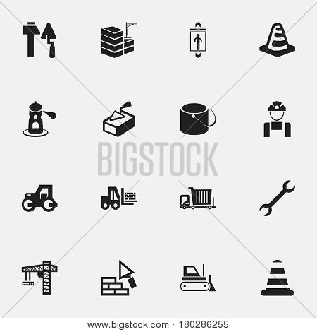 Set Of 16 Editable Structure Icons. Includes Symbols Such As Construction Tools, Bulldozer, Crane And More. Can Be Used For Web, Mobile, UI And Infographic Design.