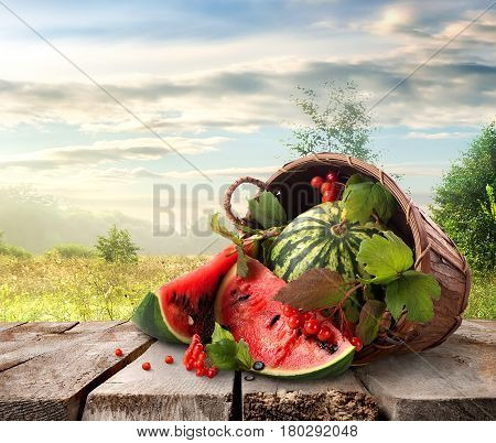 Watermelon in a basket and beutiful landscape