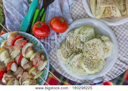 Outside Picnic Vegetables And Chicken