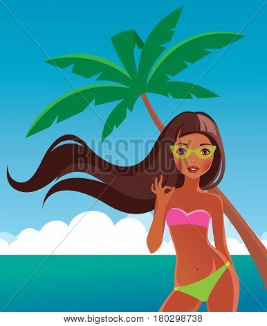 Beautiful girl in a swimsuit on the sea beach shows a sign okay Stock vector illustration
