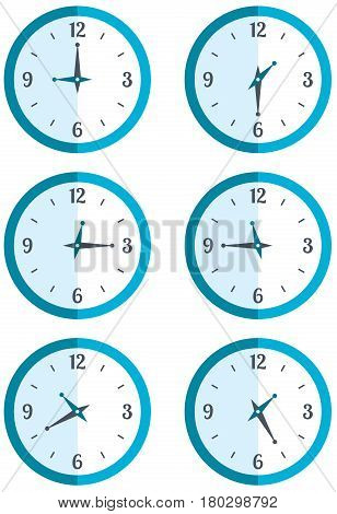 Set wall hung round clock showing different time Stock vector illustration
