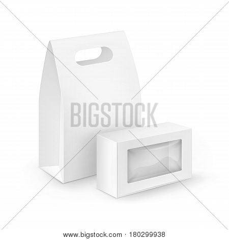 Vector Set of White Blank Cardboard Rectangle Take Away Handle Lunch Boxes Packaging For Sandwich, Food, Gift, Other Products with plastic windows Mock up Close up Isolated on White Background
