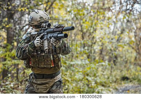 United states Marine Corps special operations command Marine Special Operator also known as Marsoc raider wearing camouflage uniforms in the forest