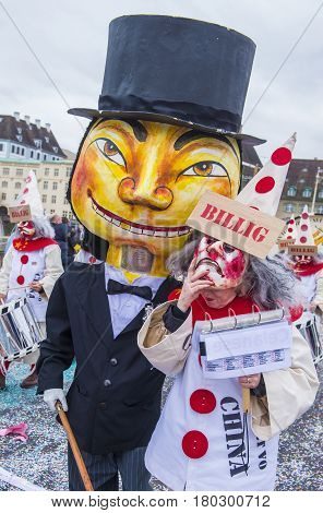 BASEL SWITZERLAND - MARCH 08 : Participants in the Basel Carnival in Basel Switzerland on March 08 2017. The Basel carnival has been listed as one of the top local festivities in Europe