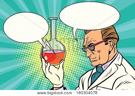 Scientist chemist talks about the analysis. Pop art retro comic book vector illustration