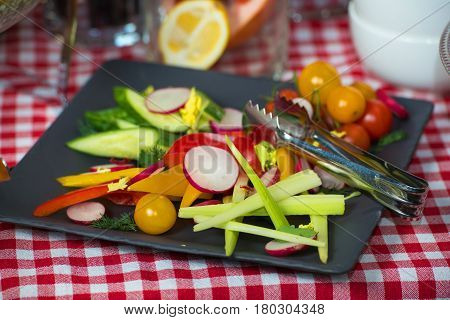 Brunch at an expensive restaurant. healthy food. plate with vegetables.