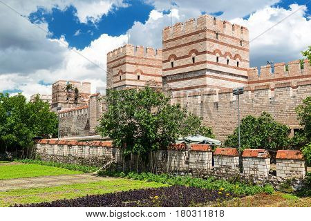 The ancient walls of Constantinople in Istanbul, Turkey