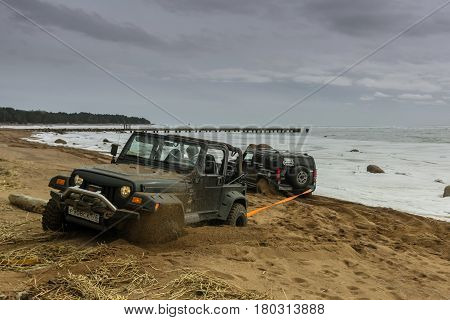 Leningrad region, Russia - April 01, 2017. Jeep Wrangler off-road in the Leningrad region. Wrangler is a compact SUV produced by Chrysler