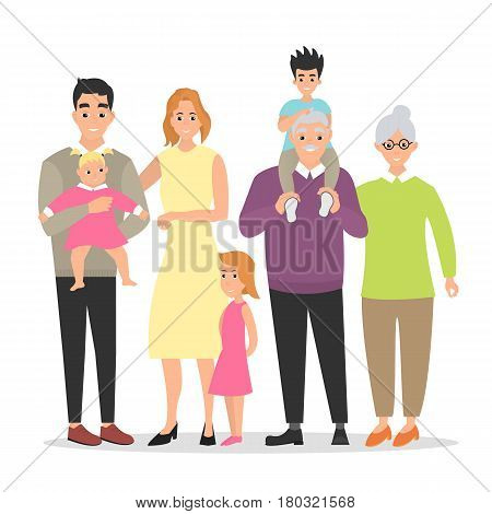 Big family together. Vector illustration of a flat design