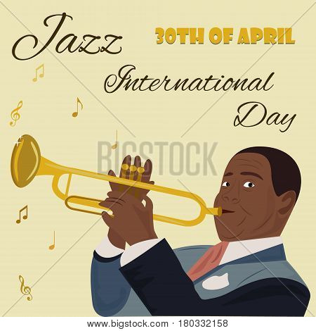 Banner for the Jazz International Day with yellow saxophones, piano and the musician playing the saxophone