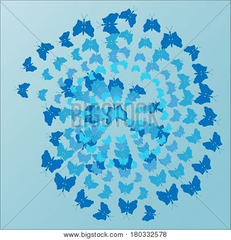 Blue background, butterflies flying in a spiral