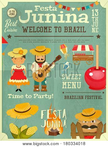 Festa Junina - Brazil June Festival. Retro Poster Infographic of Folklore Holiday. Vector Illustration.