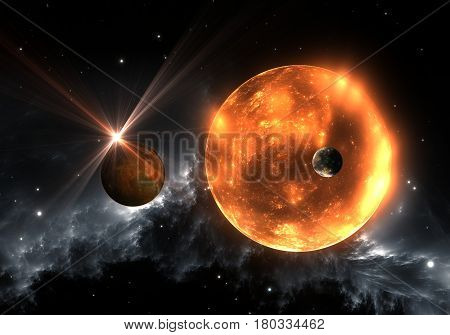 Extrasolar planets or exoplanets and red dwarf or red supergiant. 3D illustration