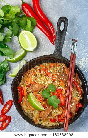 Starch (rice, Potatoes) Noodles With Beef And Vegetables - Bell Peppers, Carrots, Zucchini, Sesame S
