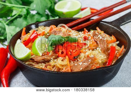 Starch (rice, Potatoes) Noodles With Beef And Vegetables - Bell Peppers, Carrots, Zucchini, Sesame S