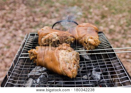 Cooking Pork Shank At The Stake. Smoke And Meat. Barbecue, Meat, Grill.