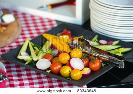 Brunch at an expensive restaurant. healthy food. plate with vegetables.