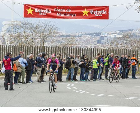 Barcelona Spain - March27 2016: The Italian cyclist Davide Cimolai of Lampre - MeridaTeam riding on the top of Montjuic in Bracelona Spainduring Volta Ciclista a Catalunya on March 27 2016.