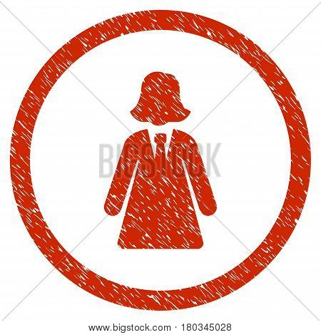 Business Lady grainy textured icon inside circle for overlay watermark stamps. Flat symbol with dust texture. Circled dotted vector red ink rubber seal stamp with grunge design on a white background.