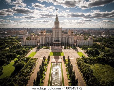 Aerial view of Lomonosov Moscow State University (MSU) on Sparrow Hills, Moscow, Russia