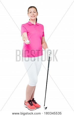 Female Golfer With Ball And Golf Club On White Background In Full Length