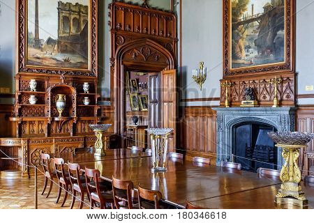 ALUPKA, RUSSIA - MAY 20, 2016: Inside the Vorontsov Palace in the town of Alupka, Crimea. This palace is a tourist attraction of the Crimea.