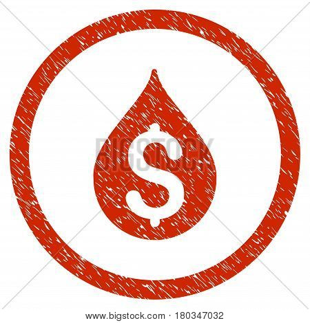 Money Drop grainy textured icon inside circle for overlay watermark stamps. Flat symbol with unclean texture. Circled dotted vector red ink rubber seal stamp with grunge design on a white background.