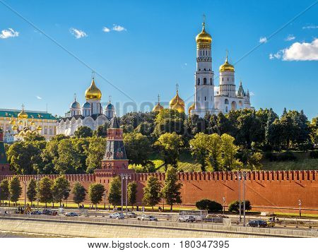 Churches and cathedrals in Moscow Kremlin. Kremlin Embankment in Moscow Russia.