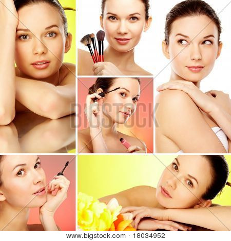 Collage de hermosa mujer con maquillaje moda