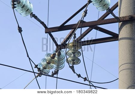 High voltage wires on sky background. Electricity