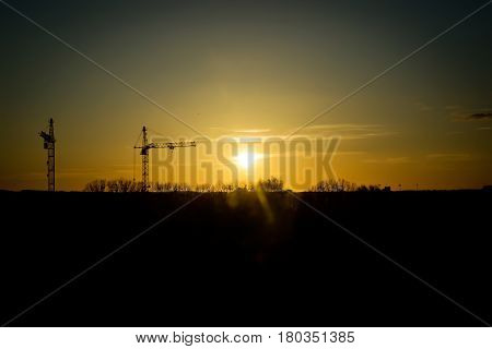 Cranes in the background of the setting sun
