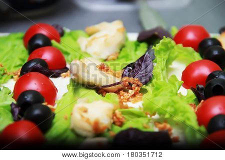 Chicken on green lettuce leaves with tomatoes