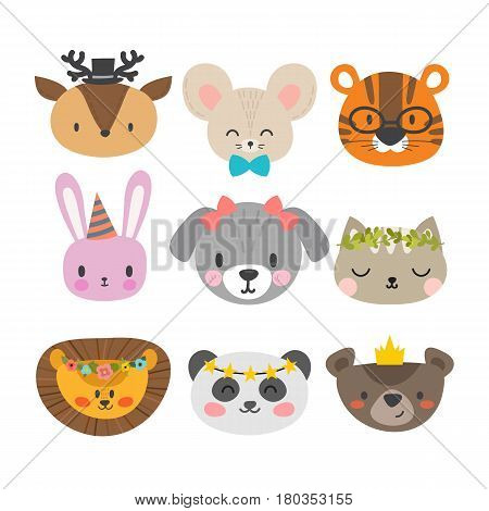 Cute Animals With Funny Accessories. Set Of Hand Drawn Smiling Characters. Cat, Lion, Dog, Tiger, Pa